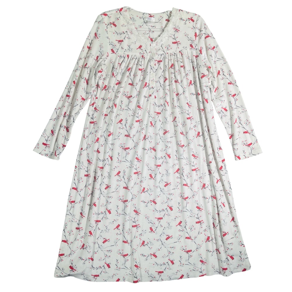 Secret Treasures Women Night Gown Cardinal Bird Medium White Fleece
